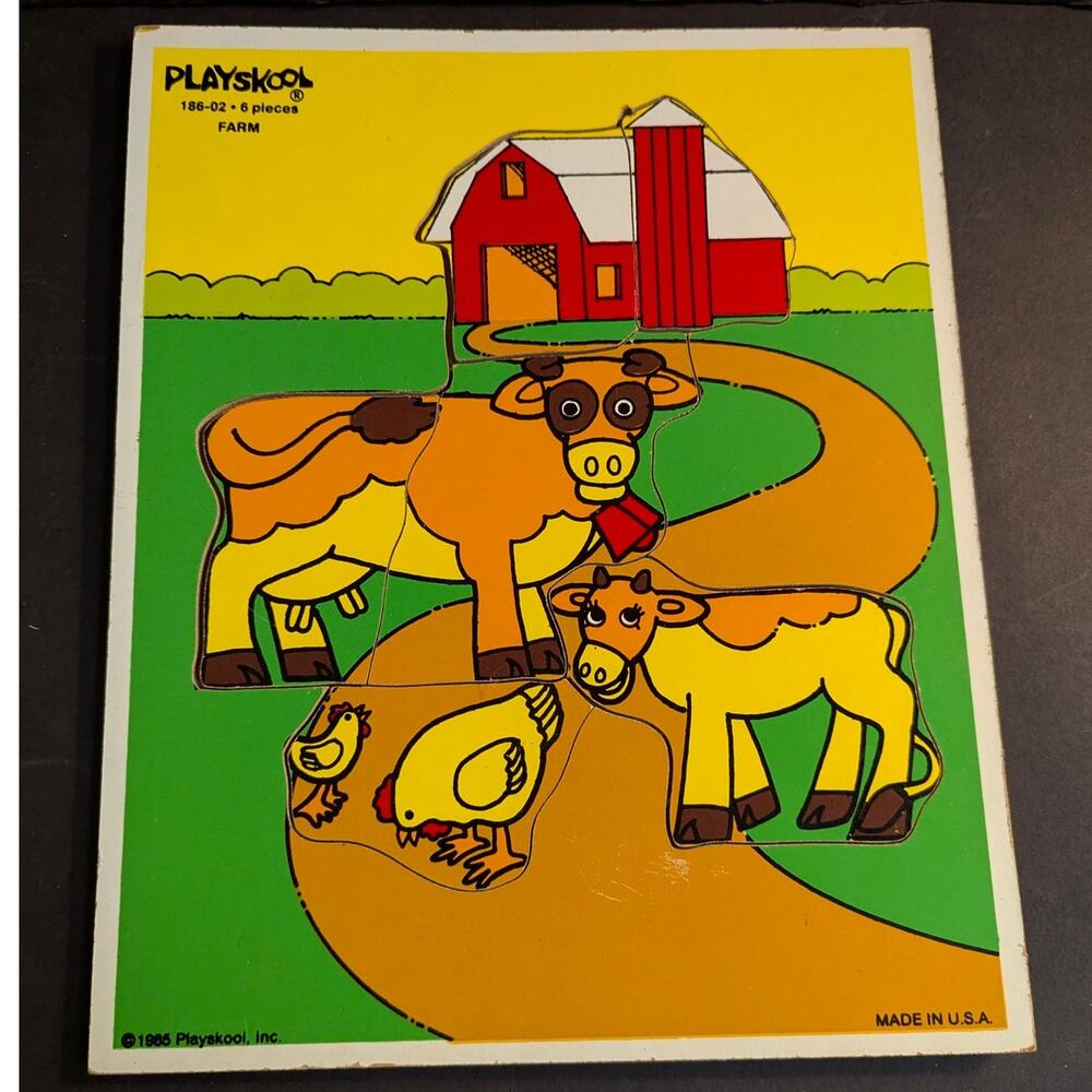 Vintage Playskool Farm Cows Wooden Inlay Tray Puzzle Barn Silo USA Made